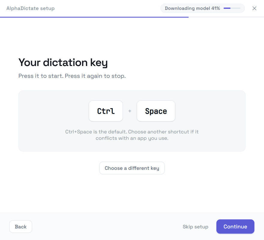 First-run screen: confirming the dictation shortcut