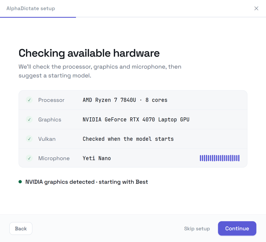 First-run screen: hardware check with a live microphone level meter
