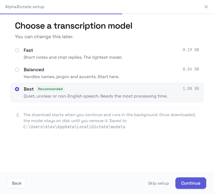 First-run screen: choosing the Fast, Balanced or Best model tier
